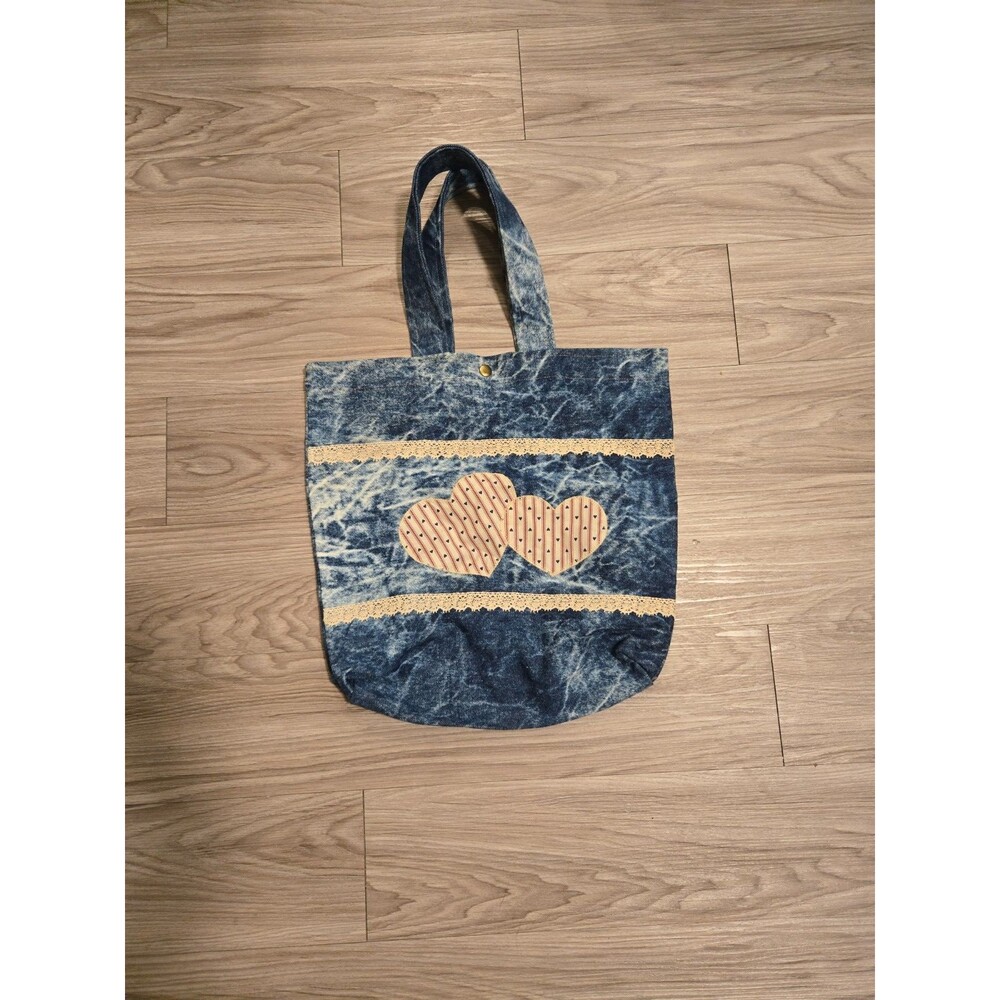 Vintage Acid Wash Denim Tote Bag Shoulder Bag Lace Trim Heart Patches Cute Y2K